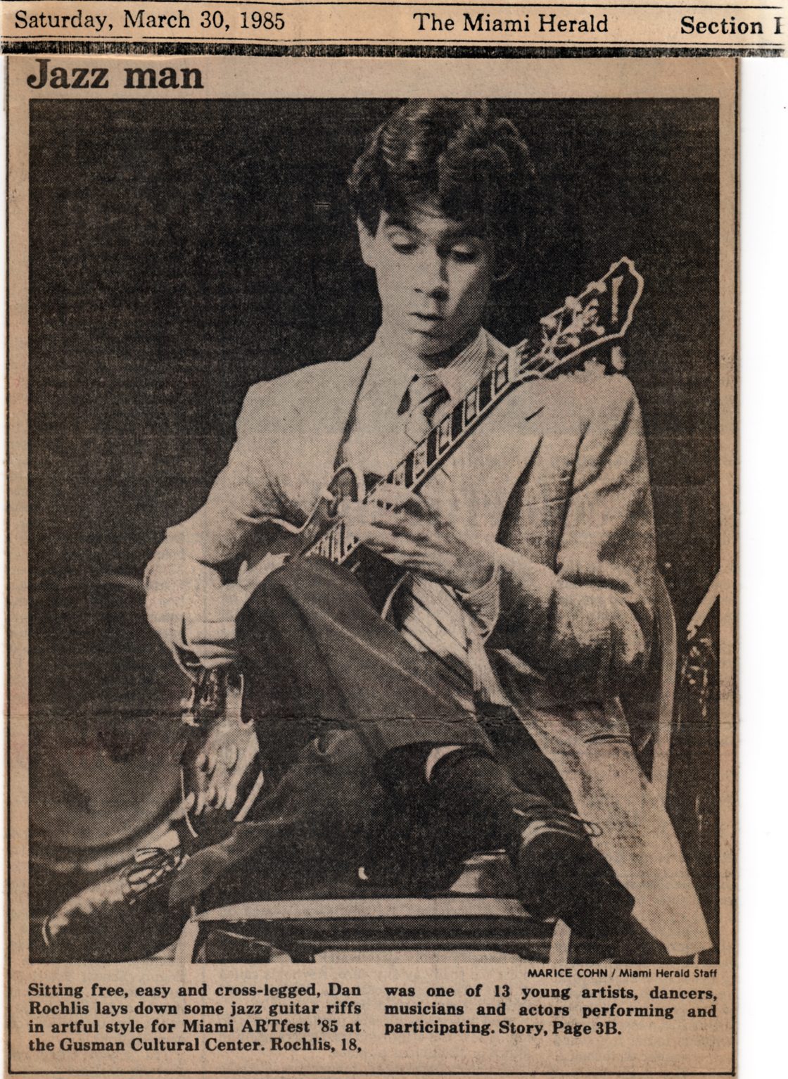 Miami Herald Jazz man clipping of Dan Rochlis at Miami ARTfest 1985